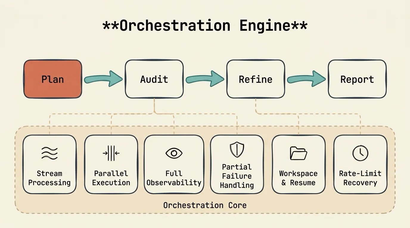 Architecture diagram of Mode 3 Orchestration Engine showing a pipeline flow of Plan, Audit, Refine, and Report phases on top, supported by six capability boxes underneath: Stream Processing, Parallel Execution, Full Observability, Partial Failure Handling, Workspace and Resume, and Rate-Limit Recovery