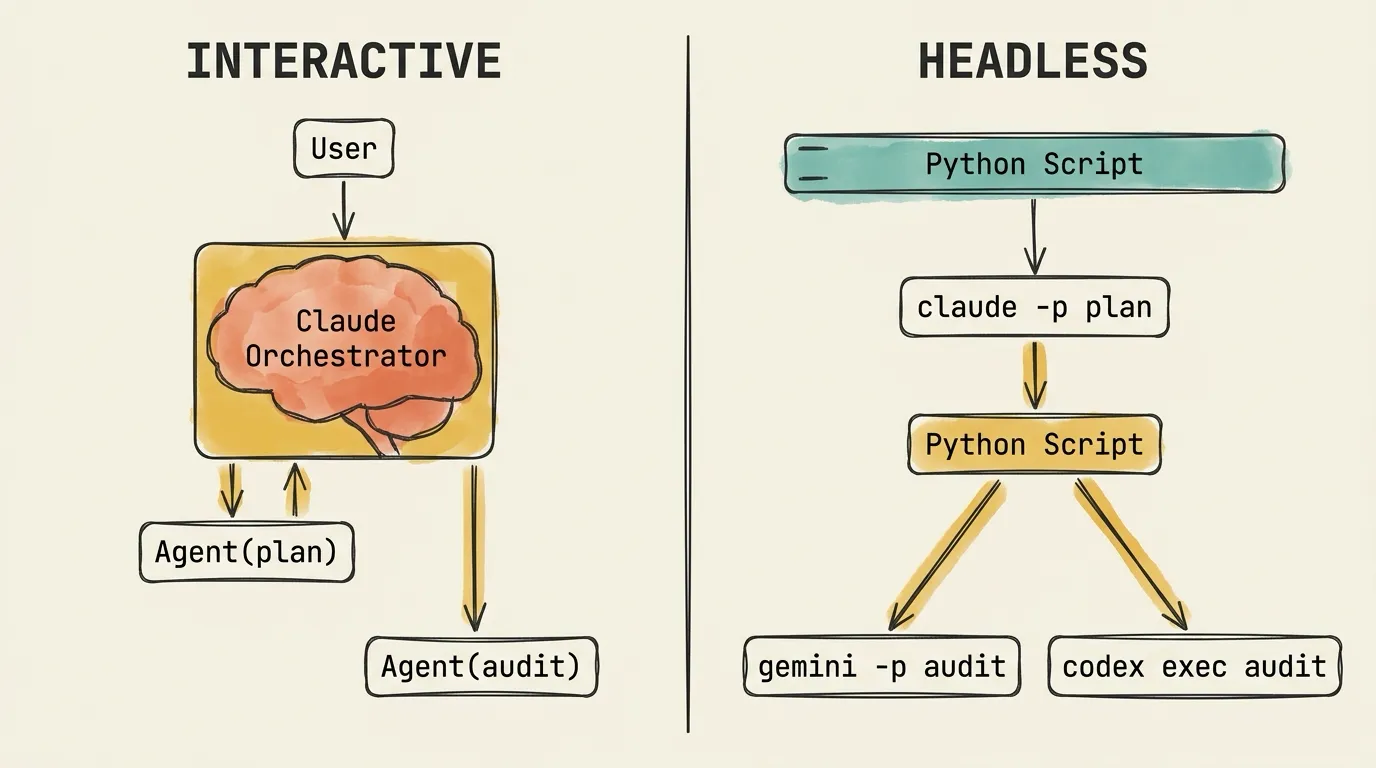 Side-by-side comparison of two orchestration approaches: Interactive mode on the left shows a centralized Claude Orchestrator brain mediating all agent communication sequentially, while Headless mode on the right shows a Python script directly launching multiple agent CLIs in parallel
