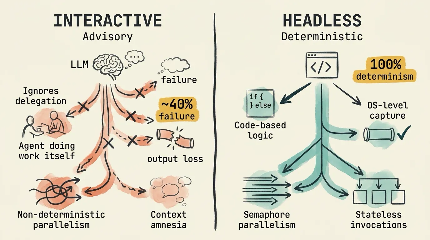 Comparison of reliability between Interactive orchestration (advisory, not deterministic) showing failure modes like 40 percent output loss, ignored delegation, non-deterministic parallelism, and context amnesia versus Headless orchestration (deterministic by construction) showing code-based logic, OS-level capture, semaphore parallelism, and stateless invocations