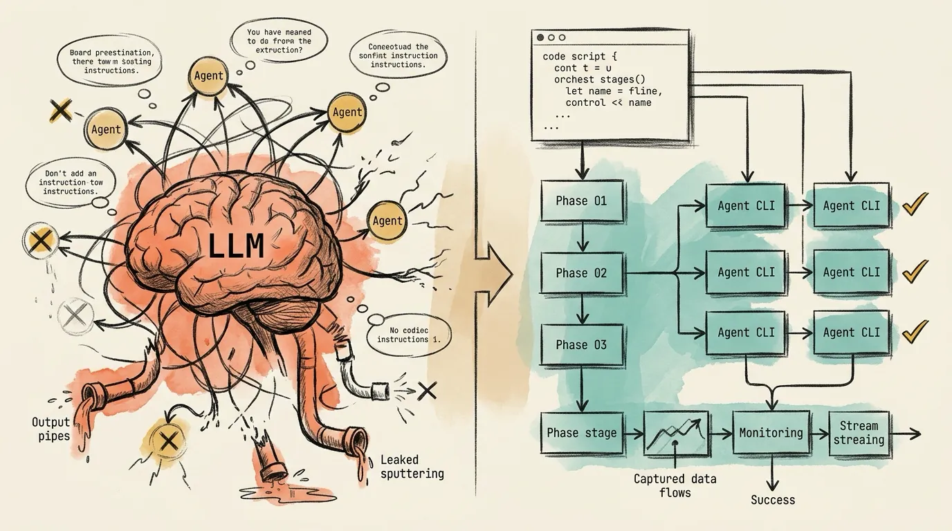 Article header: Editorial charcoal sketch showing the architectural fork between interactive AI agent orchestration fragmenting under complexity and headless code-driven orchestration standing firm